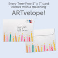 Load image into Gallery viewer, The inside of Tree-Free’s Cumpleanos Candles card, with the cover and envelope in the background.