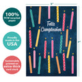 Load image into Gallery viewer, The cover of Tree-Free’s Cumpleanos Candles card with lines demonstrating its 5x7 dimensions, along with the following text: “100% PCW recycled paper, proudly made in the USA, sustainably printed on extra-thick card stock”