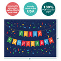 Load image into Gallery viewer, The cover of Tree-Free’s Cumpleanos Confetti card with lines demonstrating its 5x7 dimensions, along with the following text: “100% PCW recycled paper, proudly made in the USA, sustainably printed on extra-thick card stock”
