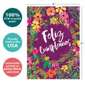 Load image into Gallery viewer, The cover of Tree-Free’s Cumpleanos Flowers card with lines demonstrating its 5x7 dimensions, along with the following text: “100% PCW recycled paper, proudly made in the USA, sustainably printed on extra-thick card stock”