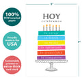 Load image into Gallery viewer, The cover of Tree-Free’s Cumpleanos Cake card with lines demonstrating its 5x7 dimensions, along with the following text: “100% PCW recycled paper, proudly made in the USA, sustainably printed on extra-thick card stock”