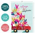 Load image into Gallery viewer, The cover of Tree-Free’s Cumpleanos Truck card with lines demonstrating its 5x7 dimensions, along with the following text: “100% PCW recycled paper, proudly made in the USA, sustainably printed on extra-thick card stock”