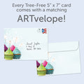 Load image into Gallery viewer, The inside of Tree-Free’s Cumpleanos Cupcakes card, with the cover and envelope in the background.