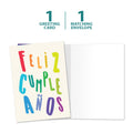 Load image into Gallery viewer, The cover and inside of Tree-Free’s Cumpleanos Rainbow card, along with the following text: “1 greeting card, 1 matching envelope”
