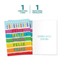 Load image into Gallery viewer, The cover and inside of Tree-Free’s Feliz Cake card, along with the following text: “1 greeting card, 1 matching envelope”
