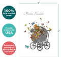 Load image into Gallery viewer, The cover of Tree-Free’s Felicidades Carriage card with lines demonstrating its 5x7 dimensions, along with the following text: “100% PCW recycled paper, proudly made in the USA, sustainably printed on extra-thick card stock”