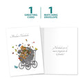 Load image into Gallery viewer, The cover and inside of Tree-Free’s Felicidades Carriage card, along with the following text: “1 greeting card, 1 matching envelope”