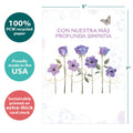 Load image into Gallery viewer, The cover of Tree-Free’s Simpatia Flowers card with lines demonstrating its 5x7 dimensions, along with the following text: “100% PCW recycled paper, proudly made in the USA, sustainably printed on extra-thick card stock”