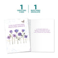 Load image into Gallery viewer, The cover and inside of Tree-Free’s Simpatia Flowers card, along with the following text: “1 greeting card, 1 matching envelope”