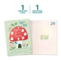 Load image into Gallery viewer, The cover and inside of Tree-Free’s Mushroom House card, along with the following text: “1 greeting card, 1 matching envelope”