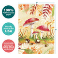 Load image into Gallery viewer, The cover of Tree-Free’s Mushroom Forest card with lines demonstrating its 5x7 dimensions, along with the following text: “100% PCW recycled paper, proudly made in the USA, sustainably printed on extra-thick card stock”