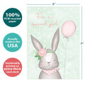 Load image into Gallery viewer, The cover of Tree-Free’s For a Special Girl card with lines demonstrating its 5x7 dimensions, along with the following text: “100% PCW recycled paper, proudly made in the USA, sustainably printed on extra-thick card stock”