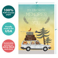 Load image into Gallery viewer, The cover of Tree-Free’s My Favorite Memories card with lines demonstrating its 5x7 dimensions, along with the following text: “100% PCW recycled paper, proudly made in the USA, sustainably printed on extra-thick card stock”