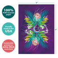 Load image into Gallery viewer, The cover of Tree-Free’s Floral Moon card with lines demonstrating its 5x7 dimensions, along with the following text: “100% PCW recycled paper, proudly made in the USA, sustainably printed on extra-thick card stock”