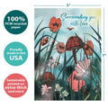 Load image into Gallery viewer, The cover of Tree-Free’s Surrounding with Love card with lines demonstrating its 5x7 dimensions, along with the following text: “100% PCW recycled paper, proudly made in the USA, sustainably printed on extra-thick card stock”