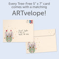 Load image into Gallery viewer, The envelope for Tree-Free’s Adventures Begin card, along with the following text: “Every Tree-Free 5x7 card comes with a matching ARTvelope!”