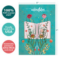 Load image into Gallery viewer, The cover of Tree-Free’s Adventures Begin card with lines demonstrating its 5x7 dimensions, along with the following text: “100% PCW recycled paper, proudly made in the USA, sustainably printed on extra-thick card stock”