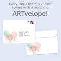 Load image into Gallery viewer, The envelope for Tree-Free’s Happy for You card, along with the following text: “Every Tree-Free 5x7 card comes with a matching ARTvelope!”