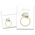 Load image into Gallery viewer, Cover of Hooray Ring Engagement card (featuring script text above artwork of a diamond ring topped with a floral wreath) and its matching envelope