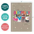 Load image into Gallery viewer, The cover of Tree-Free’s Fun Day card with lines demonstrating its 5x7 dimensions, along with the following text: “100% PCW recycled paper, proudly made in the USA, sustainably printed on extra-thick card stock”