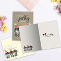 Load image into Gallery viewer, The inside of Tree-Free’s Party Dogs card, with the cover and envelope in the background.
