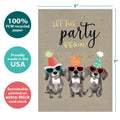 Load image into Gallery viewer, The cover of Tree-Free’s Party Dogs card with lines demonstrating its 5x7 dimensions, along with the following text: “100% PCW recycled paper, proudly made in the USA, sustainably printed on extra-thick card stock”