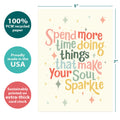 Load image into Gallery viewer, The cover of Tree-Free’s Soul Sparkle card with lines demonstrating its 5x7 dimensions, along with the following text: “100% PCW recycled paper, proudly made in the USA, sustainably printed on extra-thick card stock”