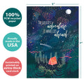 Load image into Gallery viewer, The cover of Tree-Free’s The Greatest Adventure card with lines demonstrating its 5x7 dimensions, along with the following text: “100% PCW recycled paper, proudly made in the USA, sustainably printed on extra-thick card stock”