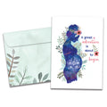 Load image into Gallery viewer, Cover of A Great Adventure New Baby card (featuring script and serif text next to artwork of a pregnant woman surrounded by flowers) and its matching envelope