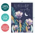 Load image into Gallery viewer, The cover of Tree-Free’s Heartfelt Moon card with lines demonstrating its 5x7 dimensions, along with the following text: “100% PCW recycled paper, proudly made in the USA, sustainably printed on extra-thick card stock”