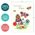Load image into Gallery viewer, The cover of Tree-Free’s Butterfly Kisses card with lines demonstrating its 5x7 dimensions, along with the following text: “100% PCW recycled paper, proudly made in the USA, sustainably printed on extra-thick card stock”