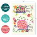 Load image into Gallery viewer, The cover of Tree-Free’s Everything Gets Done card with lines demonstrating its 5x7 dimensions, along with the following text: “100% PCW recycled paper, proudly made in the USA, sustainably printed on extra-thick card stock”