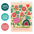 Load image into Gallery viewer, The cover of Tree-Free’s Your Own Pace card with lines demonstrating its 5x7 dimensions, along with the following text: “100% PCW recycled paper, proudly made in the USA, sustainably printed on extra-thick card stock”