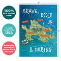 Load image into Gallery viewer, The cover of Tree-Free’s Be Brave card with lines demonstrating its 5x7 dimensions, along with the following text: “100% PCW recycled paper, proudly made in the USA, sustainably printed on extra-thick card stock”