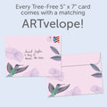 Load image into Gallery viewer, The envelope for Tree-Free’s Sending Joy card, along with the following text: “Every Tree-Free 5x7 card comes with a matching ARTvelope!”