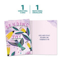 Load image into Gallery viewer, The cover and inside of Tree-Free’s Sending Joy card, along with the following text: “1 greeting card, 1 matching envelope”