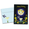 Load image into Gallery viewer, Cover of Light Love Spirit Birthday card (featuring script text above artwork of the moon wearing a crown of flowers) and its matching envelope