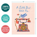 Load image into Gallery viewer, The cover of Tree-Free’s A Little Bird card with lines demonstrating its 5x7 dimensions, along with the following text: “100% PCW recycled paper, proudly made in the USA, sustainably printed on extra-thick card stock”