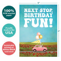 Load image into Gallery viewer, The cover of Tree-Free’s Next Stop card with lines demonstrating its 5x7 dimensions, along with the following text: “100% PCW recycled paper, proudly made in the USA, sustainably printed on extra-thick card stock”