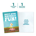 Load image into Gallery viewer, The cover and inside of Tree-Free’s Next Stop card, along with the following text: “1 greeting card, 1 matching envelope”