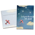 Load image into Gallery viewer, The cover of Tree-Free's Dreams Take Flight card, along with its matching envelope.