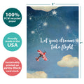Load image into Gallery viewer, The cover of Tree-Free’s Dreams Take Flight card with lines demonstrating its 5x7 dimensions, along with the following text: “100% PCW recycled paper, proudly made in the USA, sustainably printed on extra-thick card stock”