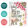 Load image into Gallery viewer, The cover of Tree-Free’s Good Day Today card with lines demonstrating its 5x7 dimensions, along with the following text: “100% PCW recycled paper, proudly made in the USA, sustainably printed on extra-thick card stock”