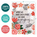 Load image into Gallery viewer, The cover of Tree-Free’s We Have Everything card with lines demonstrating its 5x7 dimensions, along with the following text: “100% PCW recycled paper, proudly made in the USA, sustainably printed on extra-thick card stock”