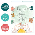 Load image into Gallery viewer, The cover of Tree-Free’s Let Your Light Shine card with lines demonstrating its 5x7 dimensions, along with the following text: “100% PCW recycled paper, proudly made in the USA, sustainably printed on extra-thick card stock”