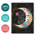 Load image into Gallery viewer, The cover of Tree-Free’s Let Light Shine card with lines demonstrating its 5x7 dimensions, along with the following text: “100% PCW recycled paper, proudly made in the USA, sustainably printed on extra-thick card stock”