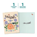 Load image into Gallery viewer, The cover and inside of Tree-Free’s Slow Down card, along with the following text: “1 greeting card, 1 matching envelope”