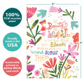 Load image into Gallery viewer, The cover of Tree-Free’s The Beauty of Wildflowers card with lines demonstrating its 5x7 dimensions, along with the following text: “100% PCW recycled paper, proudly made in the USA, sustainably printed on extra-thick card stock”