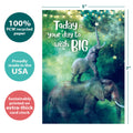 Load image into Gallery viewer, The cover of Tree-Free’s Wish Big card with lines demonstrating its 5x7 dimensions, along with the following text: “100% PCW recycled paper, proudly made in the USA, sustainably printed on extra-thick card stock”