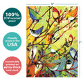 Load image into Gallery viewer, The cover of Tree-Free’s 16 Birds card with lines demonstrating its 5x7 dimensions, along with the following text: “100% PCW recycled paper, proudly made in the USA, sustainably printed on extra-thick card stock”
